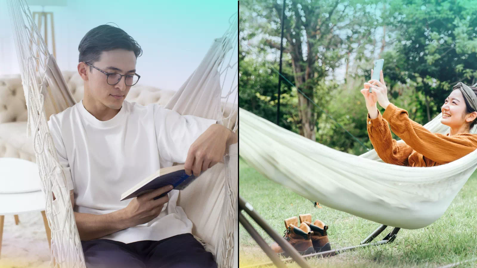 屋内と屋外でくつろぐ男性と女性